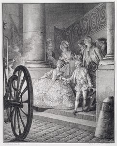Viaje a la Ópera, grabado por P.C. Baquoy (1759-1829) y C.E. Patas (1744-1802) de Jean Michel the Younger Moreau